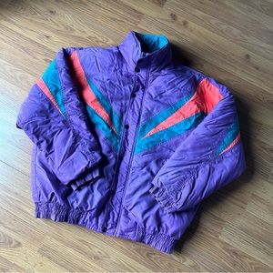 Women’s Large Purple Teal Coral Vintage Britannia 1980’s‎ Puffer Coat Jacket Ski